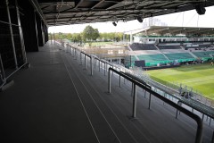 Stadionumbau Anfang August 2026. Blick aufs Südost-Eck mit der Kita.